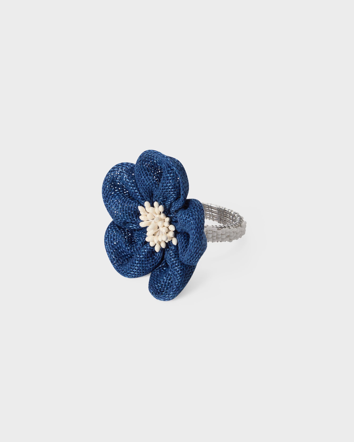 Servettring - Blå tyg-blomma med pärlor